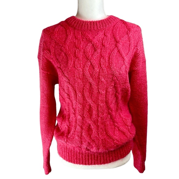Vintage Sweaters - Vintage CRYSTAL Pink Mohair Wool Cable Knit Pullover Sweater Medium Crew Neck